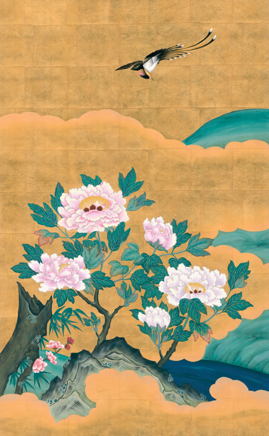 a Japanese-inspired wallpaper with a bird flying over pink flowers