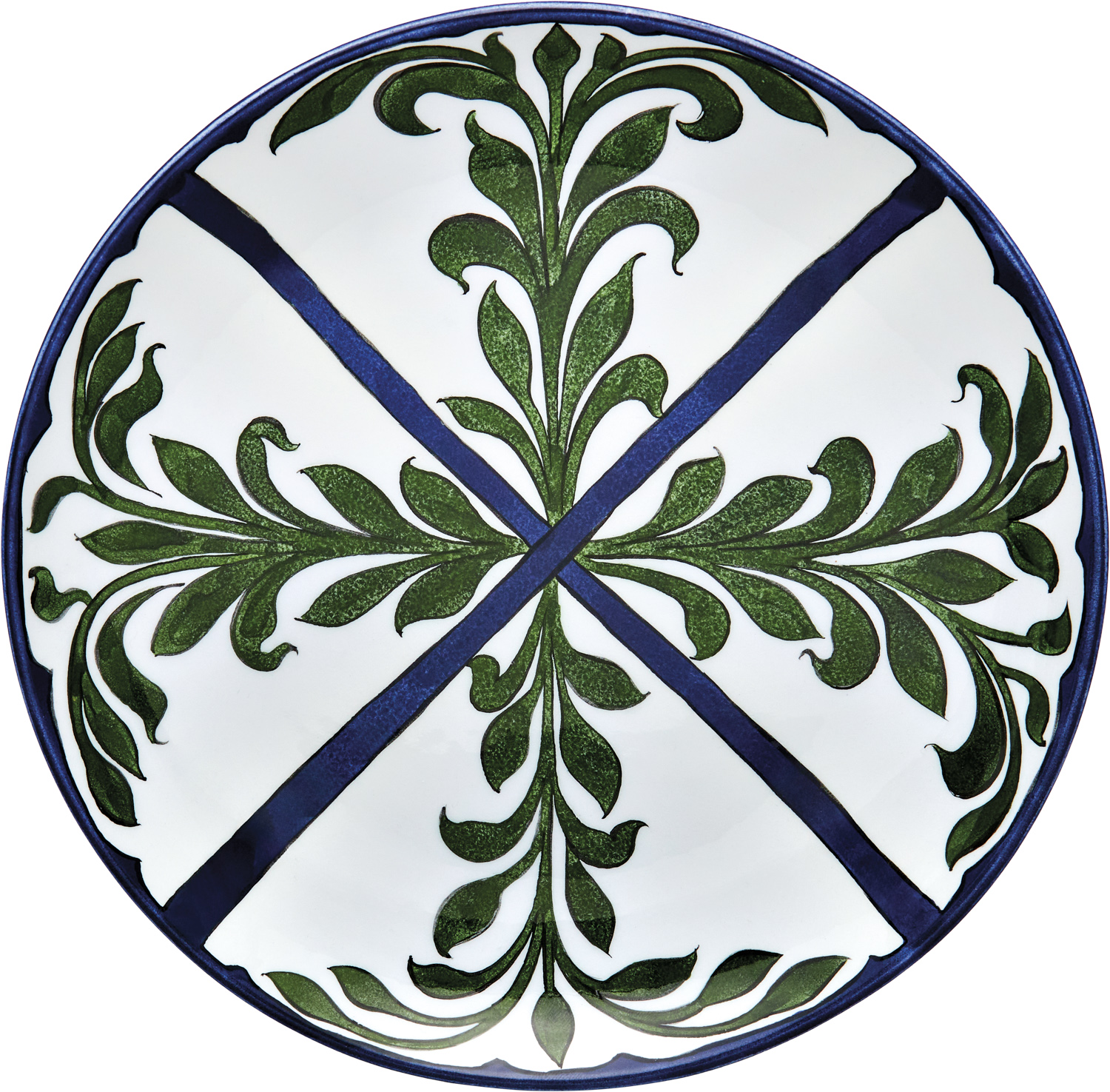 plate with green leaf design and blue lines crossing through the middle