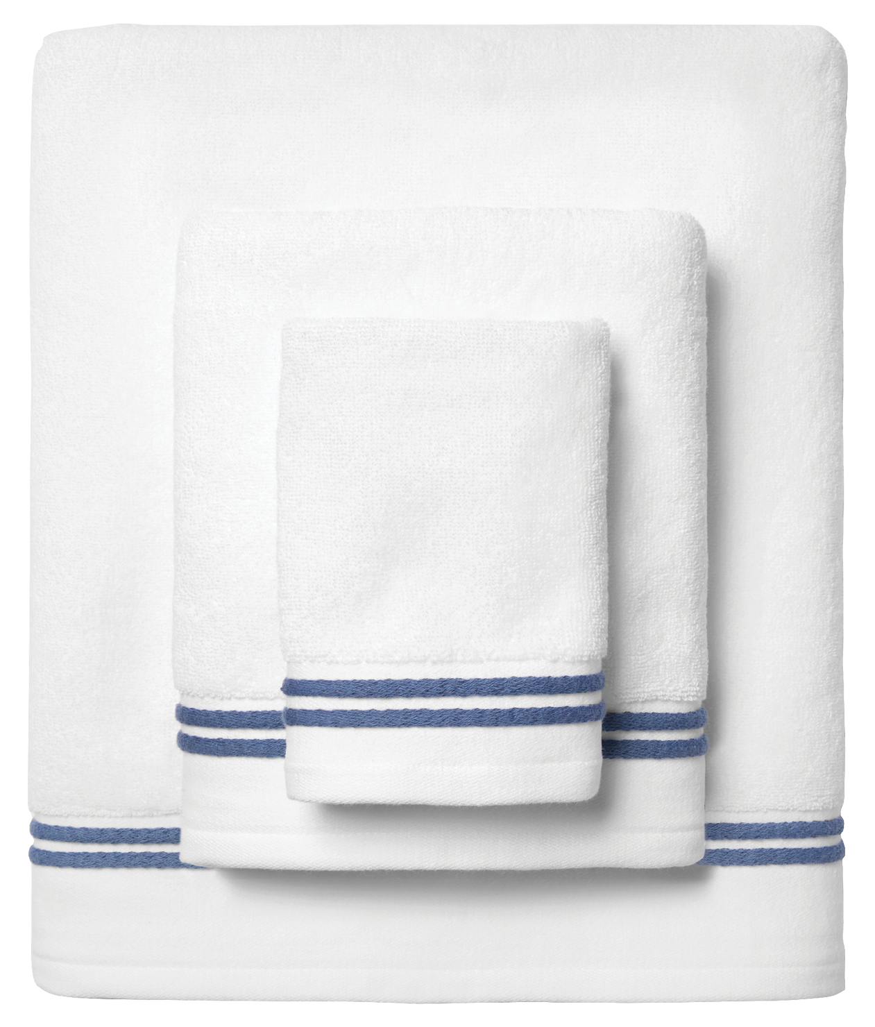 white towels with a double blue line around the trim