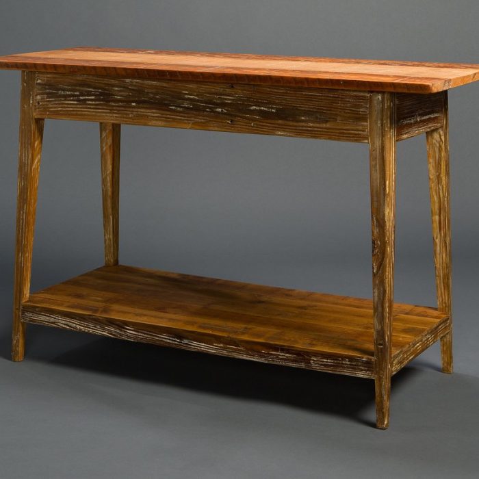 His Signature Console With Shelf, available in woods like heart pine and cypress, is a go-to for designer clientele.