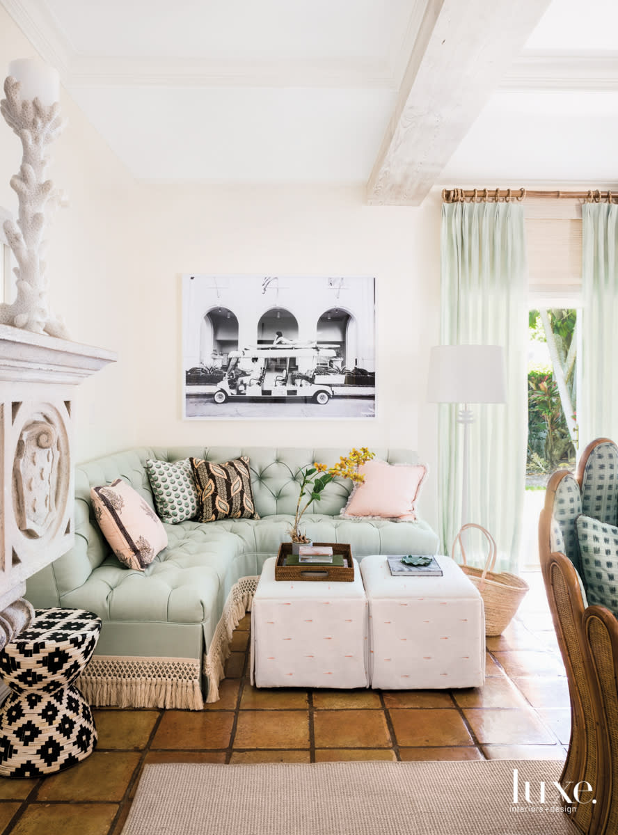 living area with mint banquette