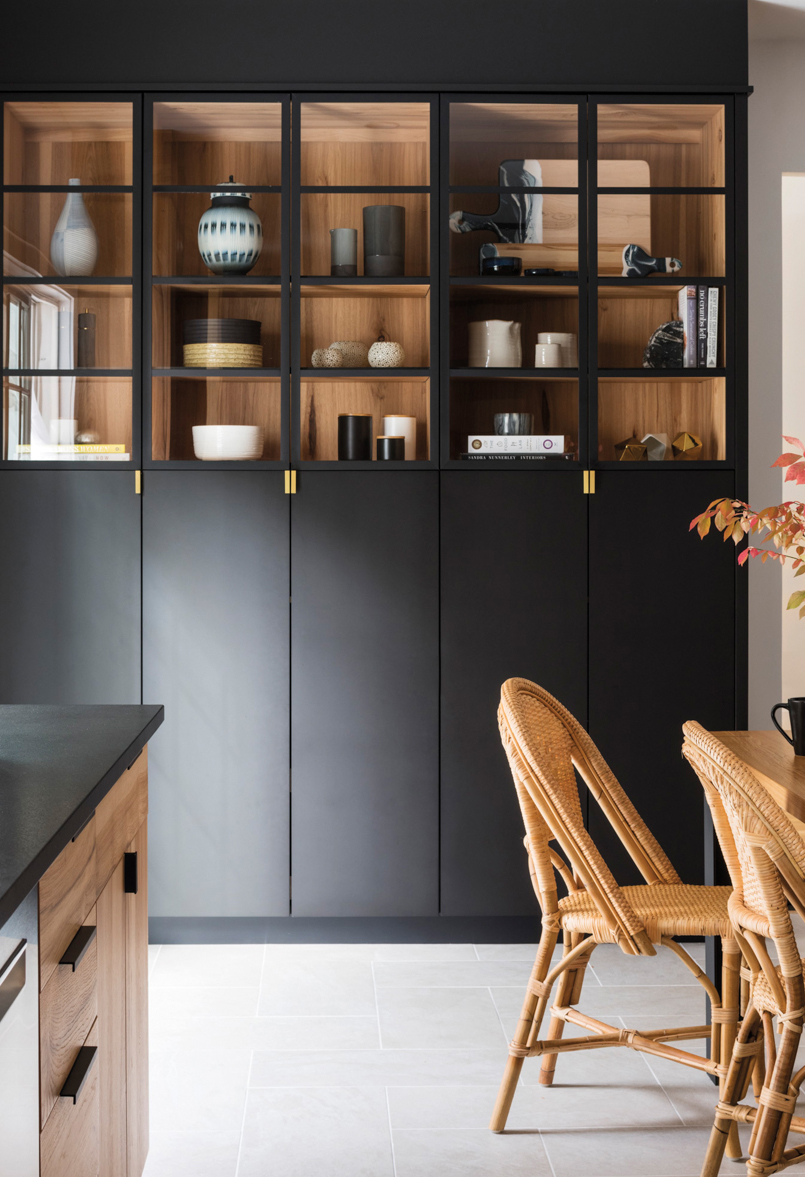 sleek black cabinet with metal-frame doors in kitchen