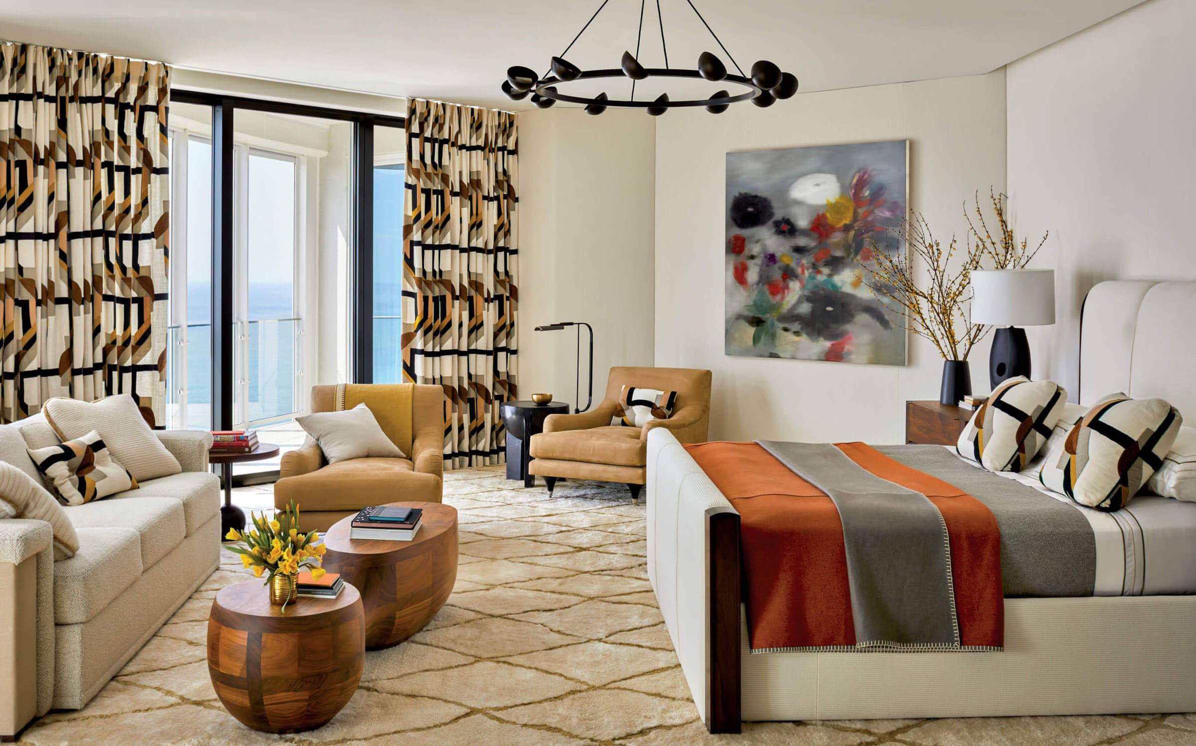 modern eclectic bedroom suite with cozy textures throughout