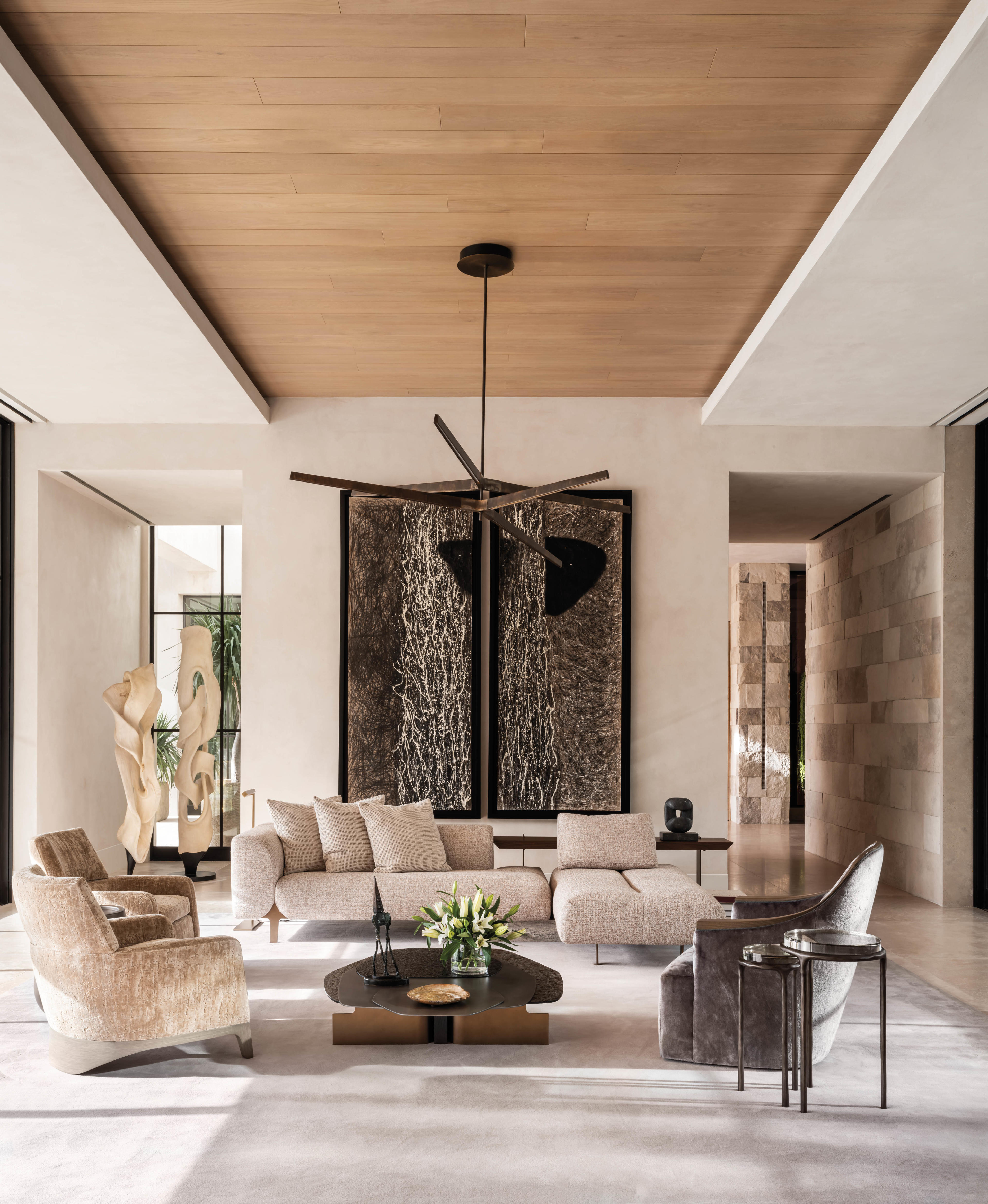 white oak panels in neutral living room