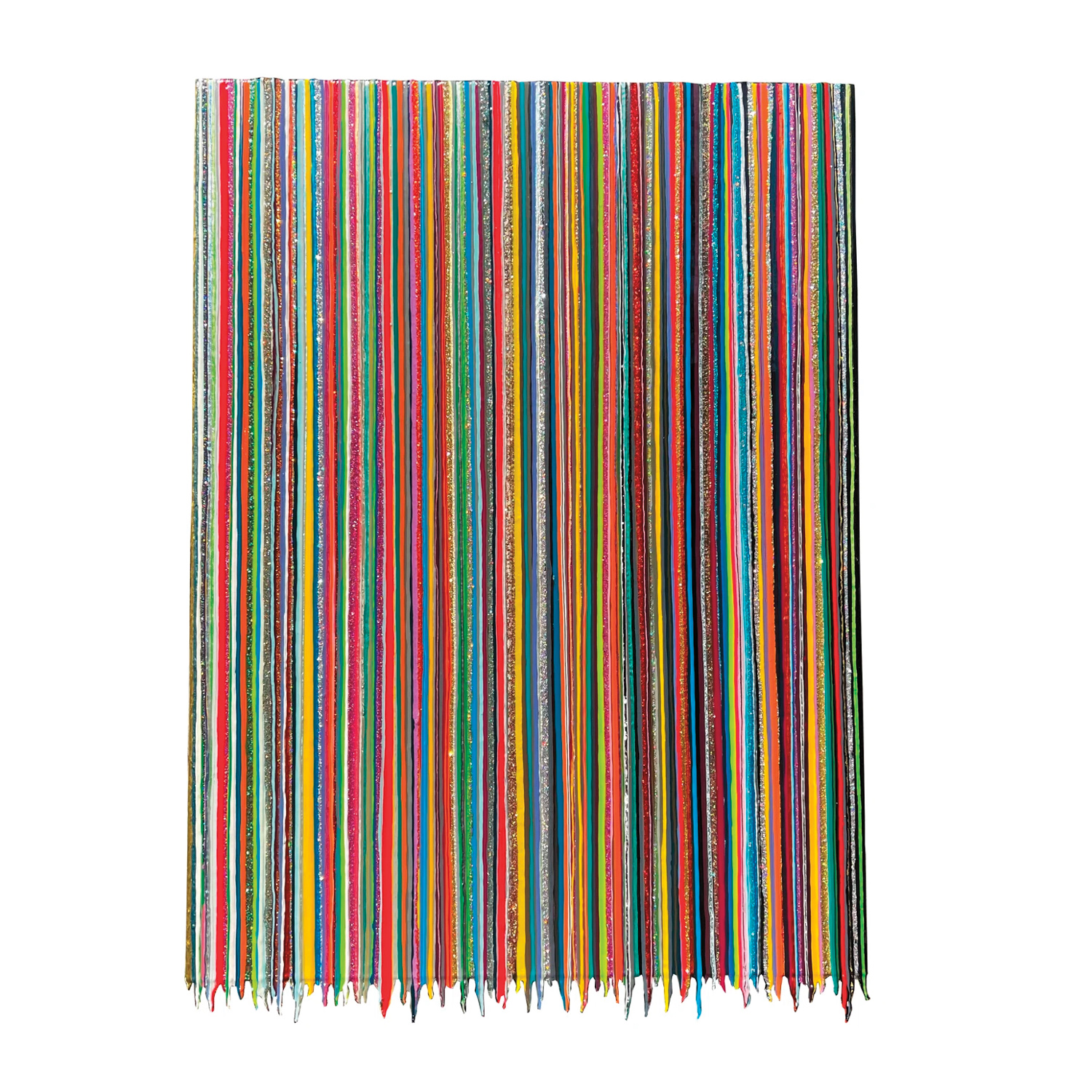 Large canvas of vertical paint-poured layers using a rainbow of colors