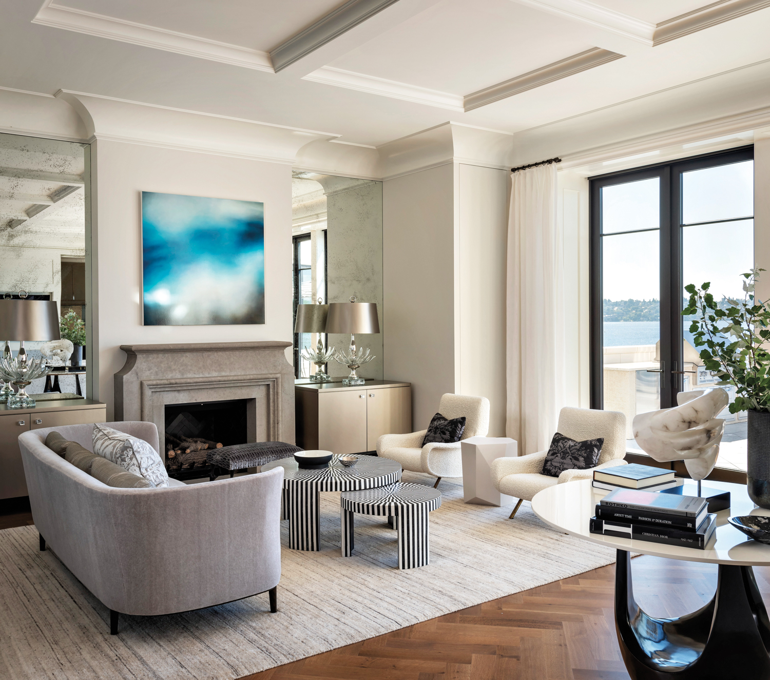 A living room looks at over the water.