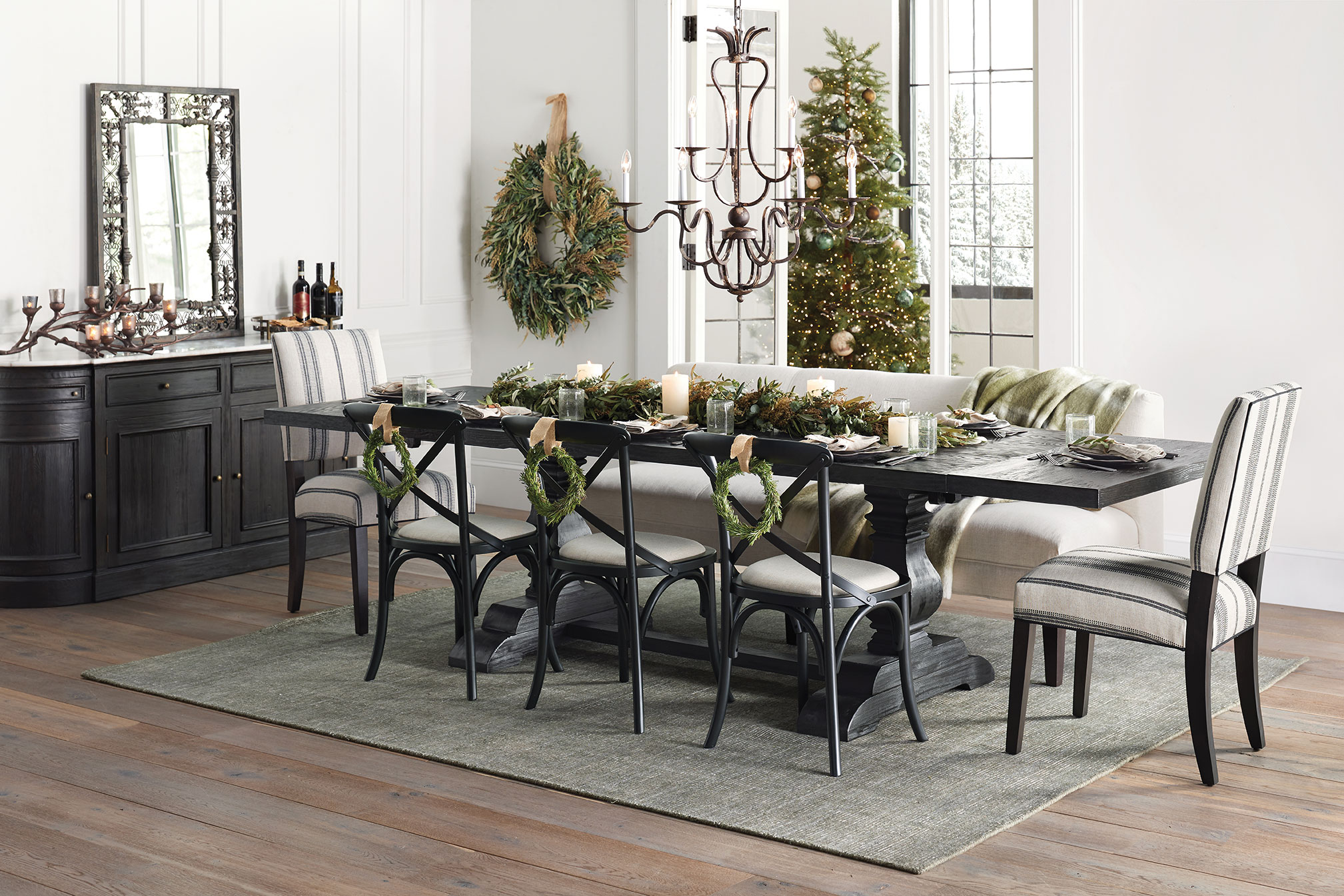 black bench dining table christmas tree