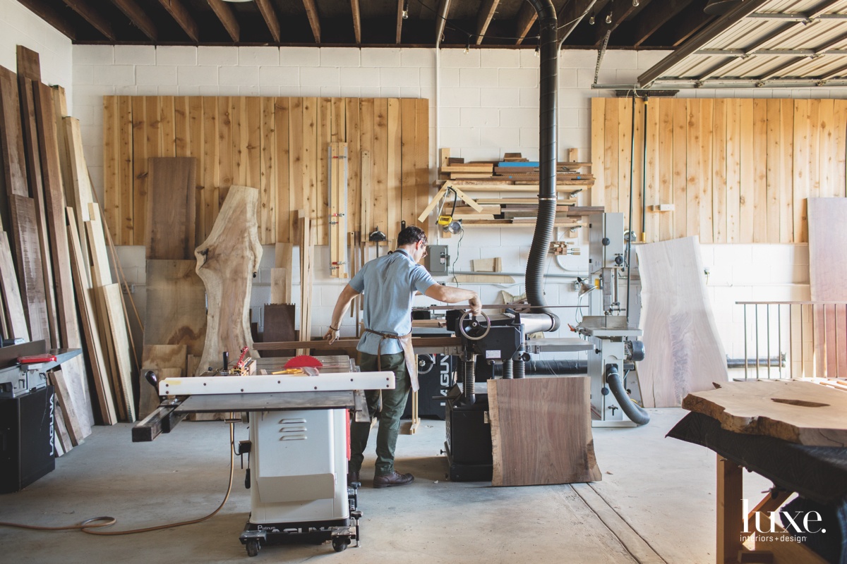 In addition to his nine-piece furniture collection, Sebree, shown working in his studio also has a large custom practice.