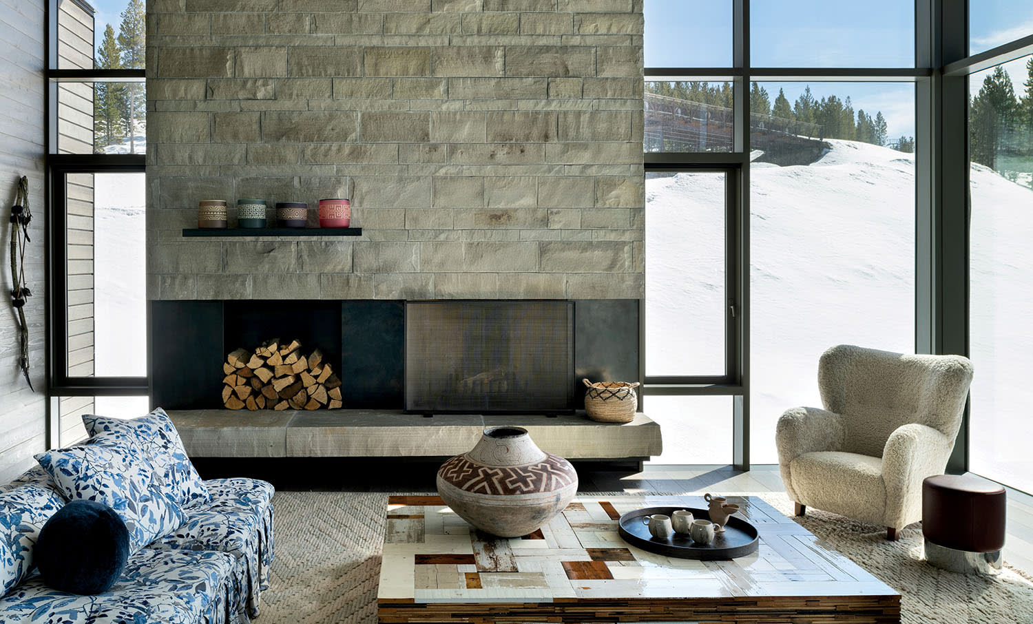 cozy fireplace area in a Big Sky luxury home