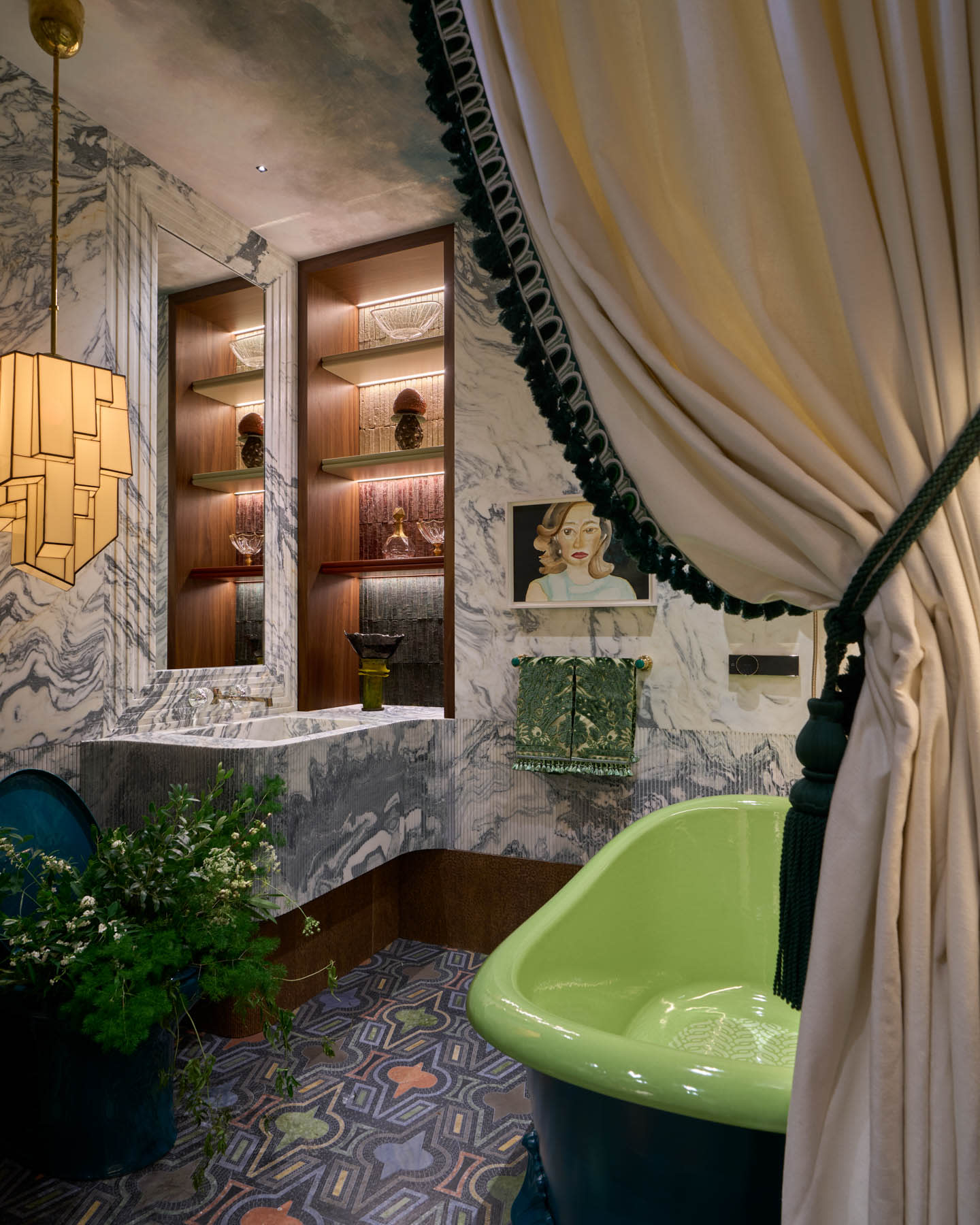 avant garde bathroom design with a green Kohler tub