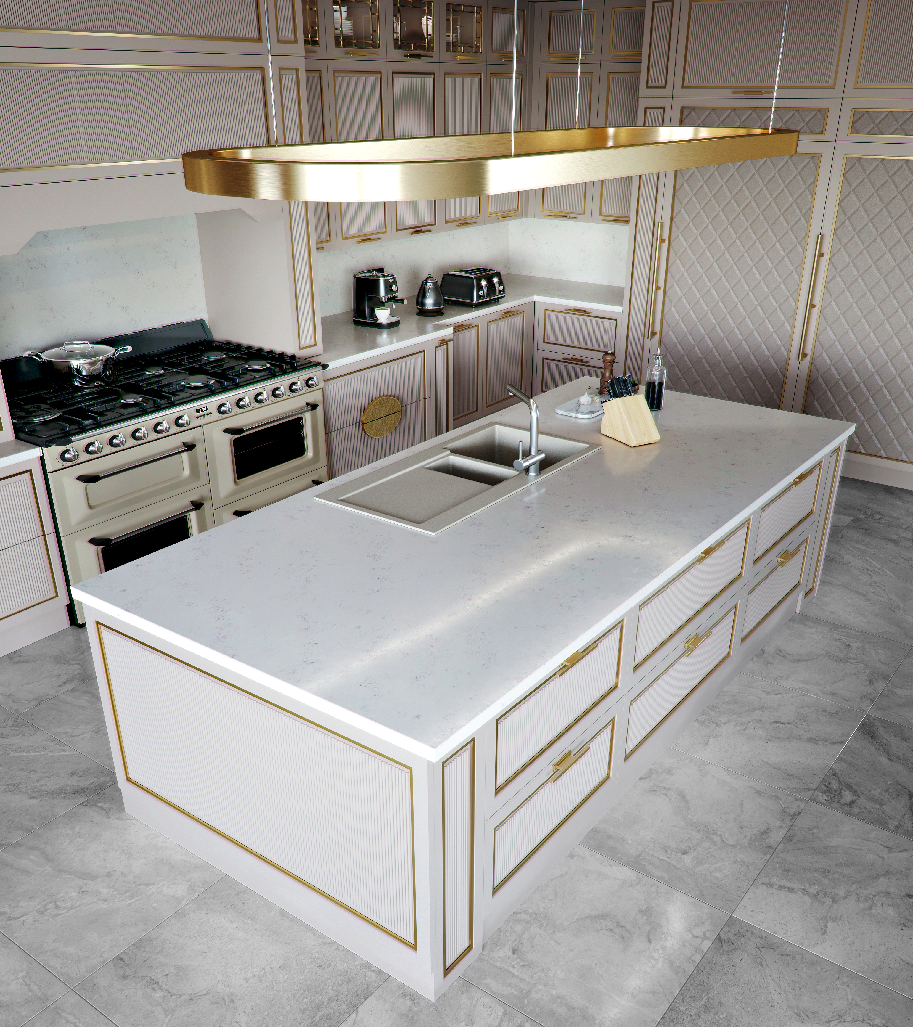 Modern take on kitchen design featuring custom range alcove, large island and gold accents. 