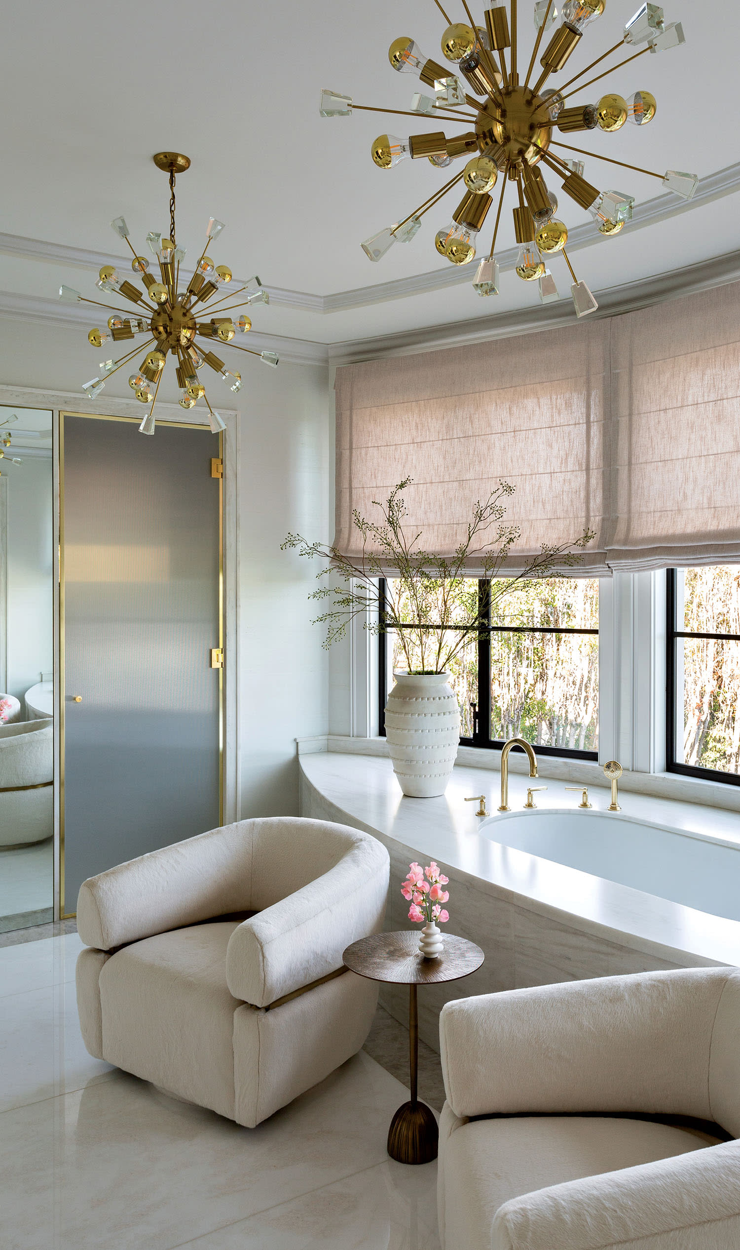 bathroom with Sputnik chandeliers 