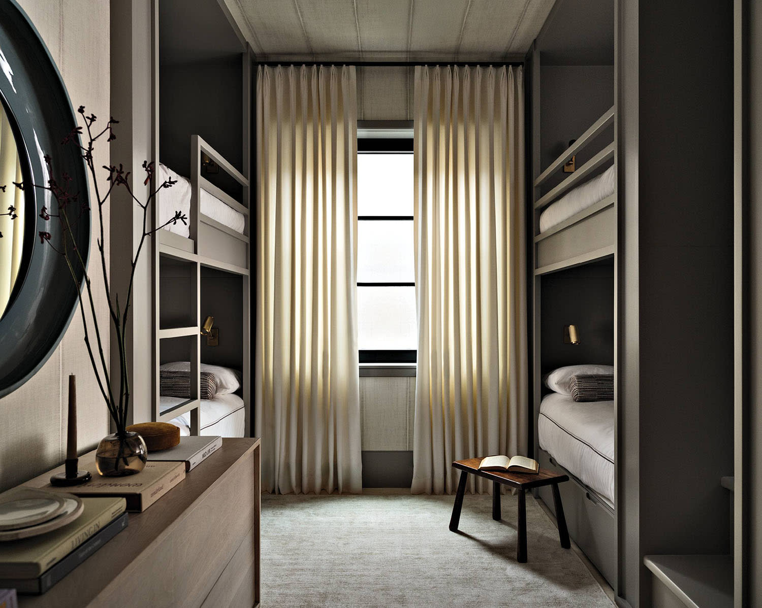 gray bunkroom with neutral furnishings