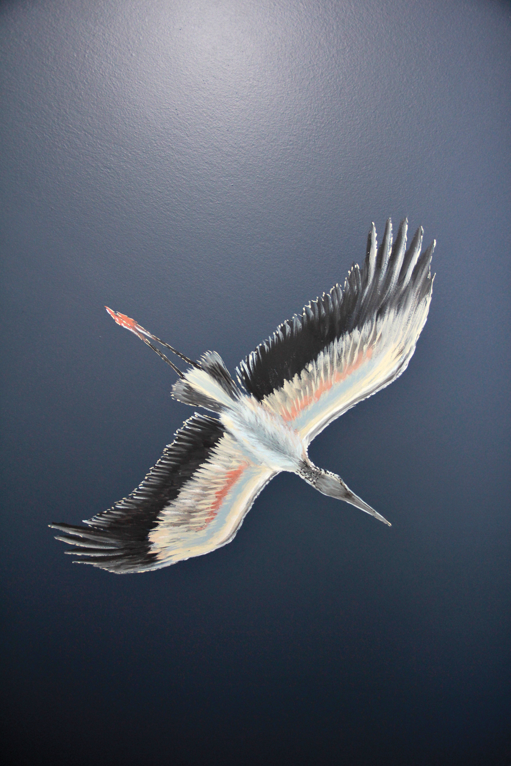 Hand-painted wall mural of a wide-winged bird in flight against a midnight-blue background