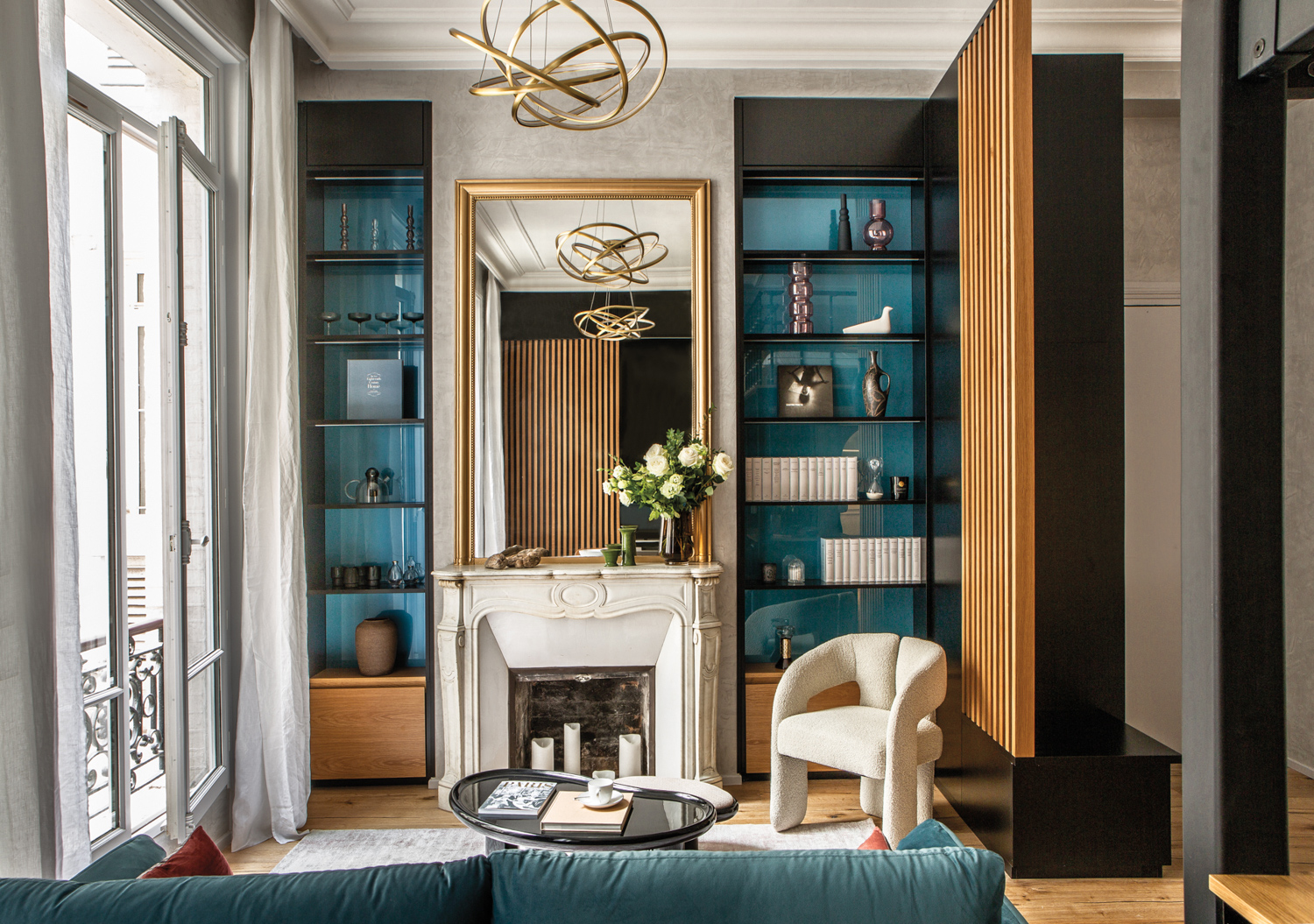 living room with blue walls and modern furnishings