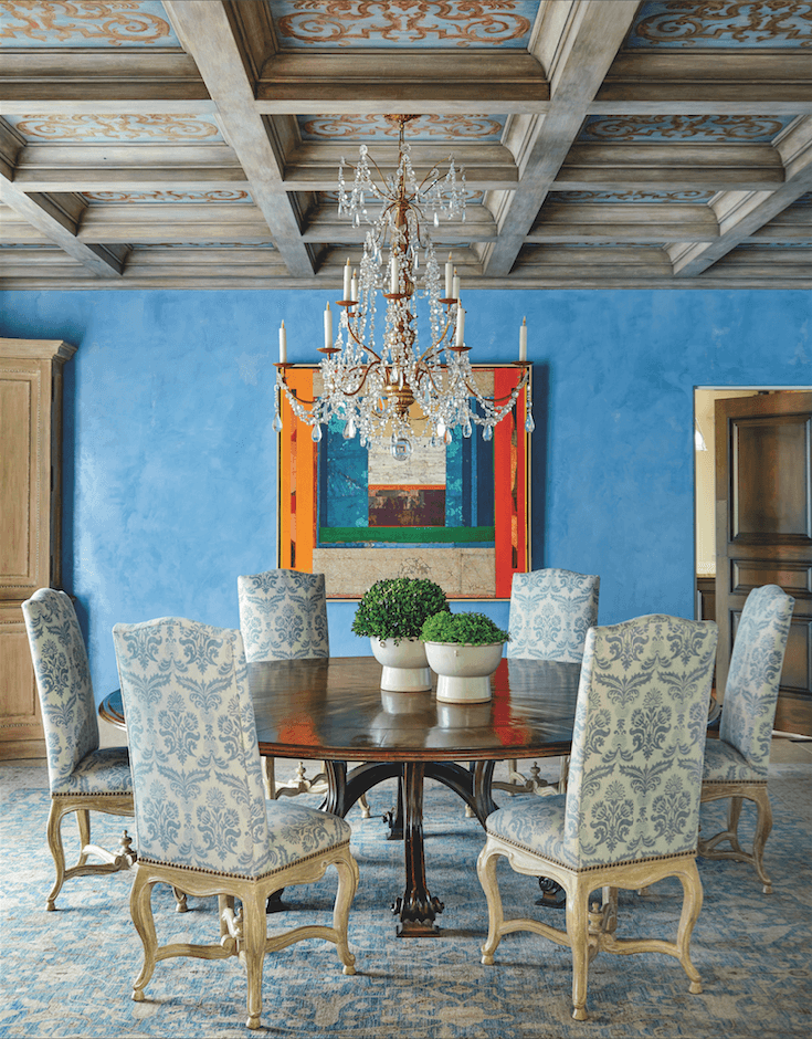 traditional dining room blue wall abstract painting