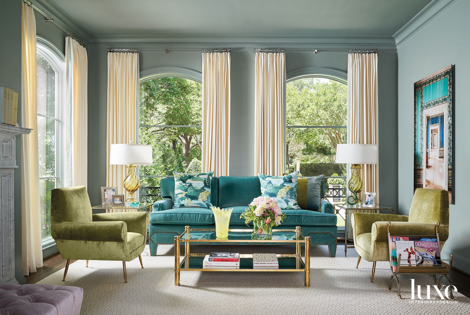 Living room with a blue and green color palette