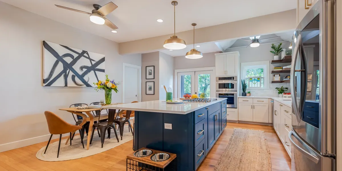 Open concept kitchen design with an abundance of natural light and counter space. 