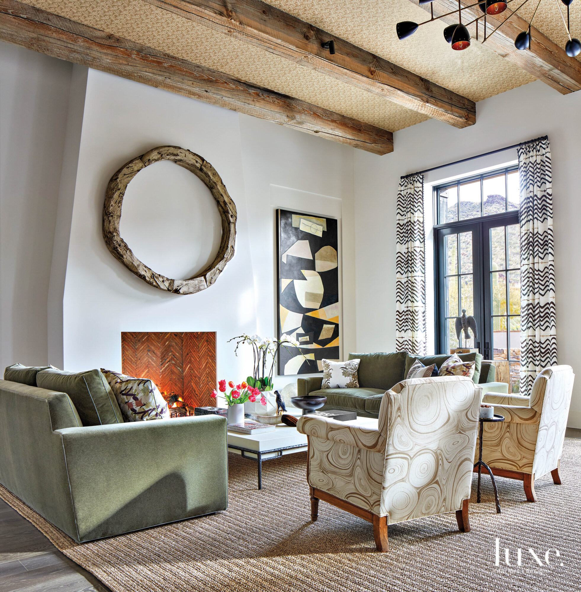 Wooden beams and patterned furniture in the living room