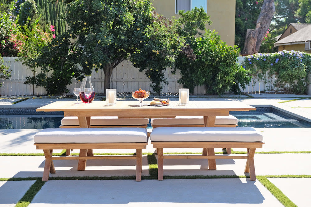 5 pc Newport Teak Bench Dining Set with Expansion Table. Sunbrella Cushion. by Willow Creek Designs in Los Angeles, California