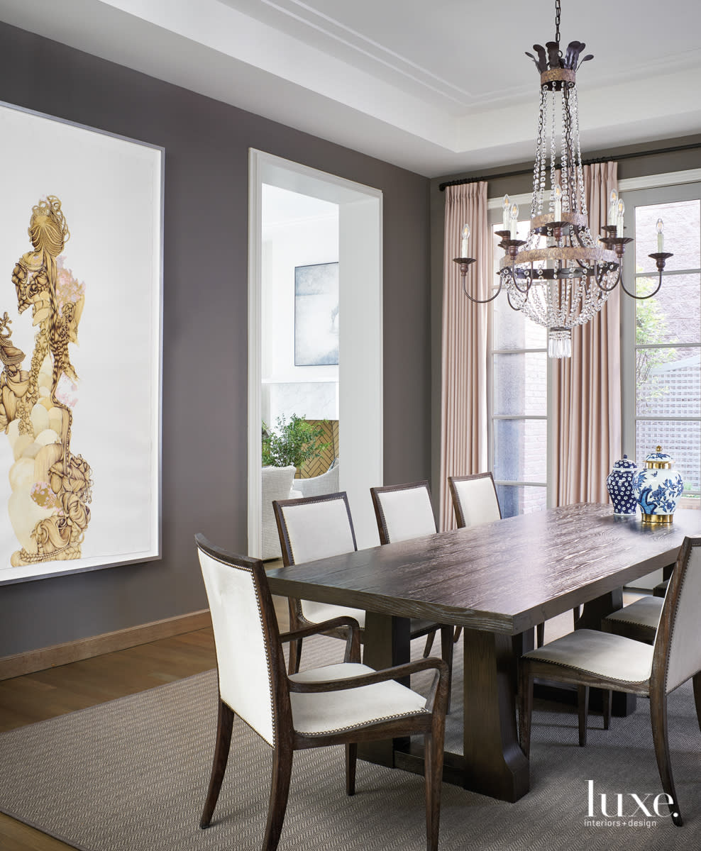 dark gray dining room with robert james wooden table