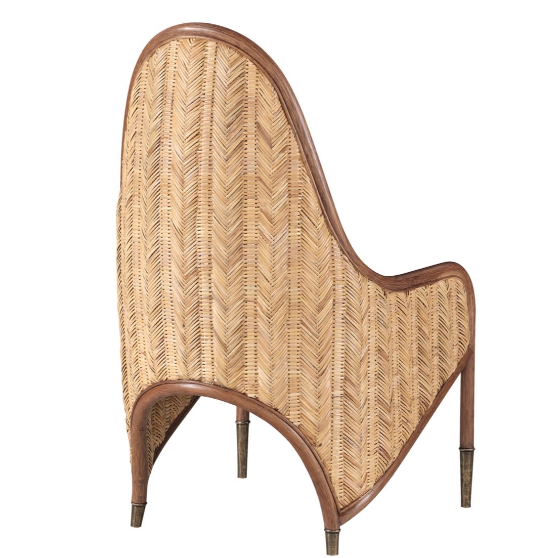 A high-back chair with a wicker pattern and curved wooden frame. The design is elegant and classic, evoking a vintage and artisanal feel.