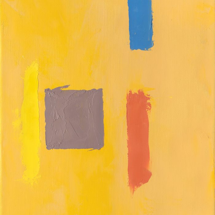 yellow painting with splashes of blue, mauve, yellow and orange