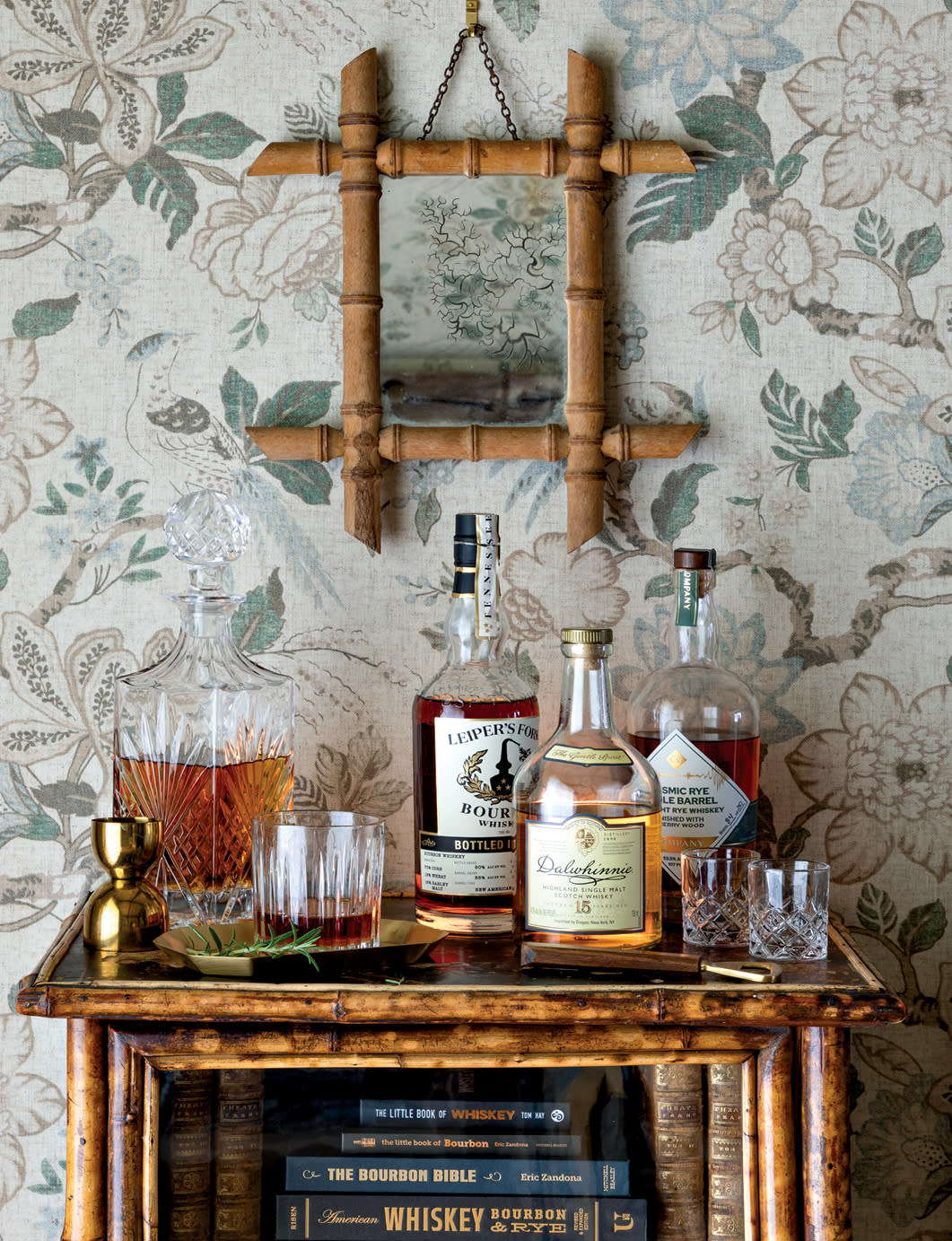 vintage-inspired home bar vignette
