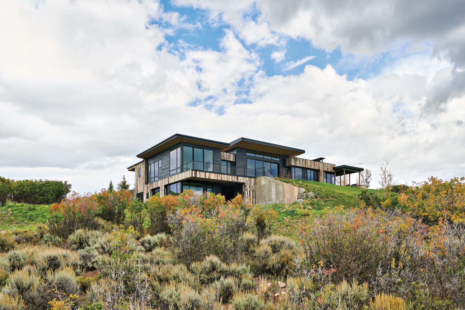 home with low profile, flat roofs and reclaimed wood exteriors, surrounded by grass, fields and flowers