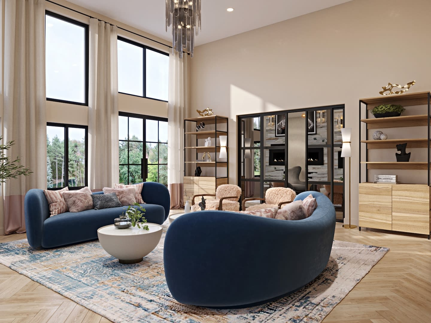 Spacious living room with tall windows, blue sofas, and a round white coffee table on a patterned rug. Wooden shelves and elegant lighting enhance the cozy feel.