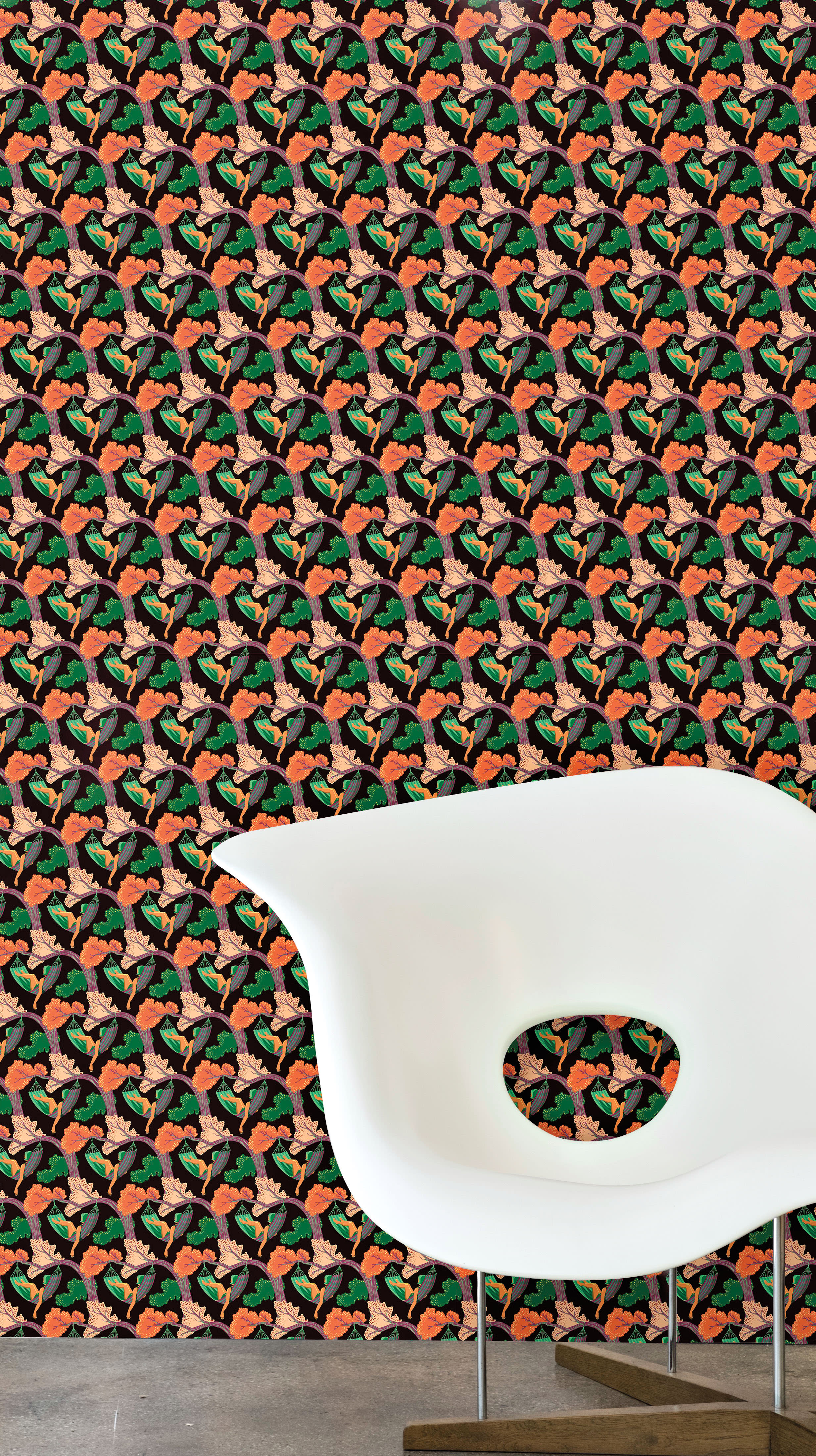 orange, green, and black floral wallpaper with hammock motifs
