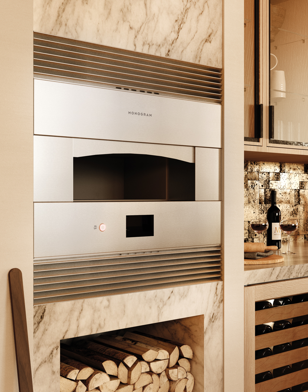 Kitchen with wall oven set next to a wine fridge and over a stack of logs