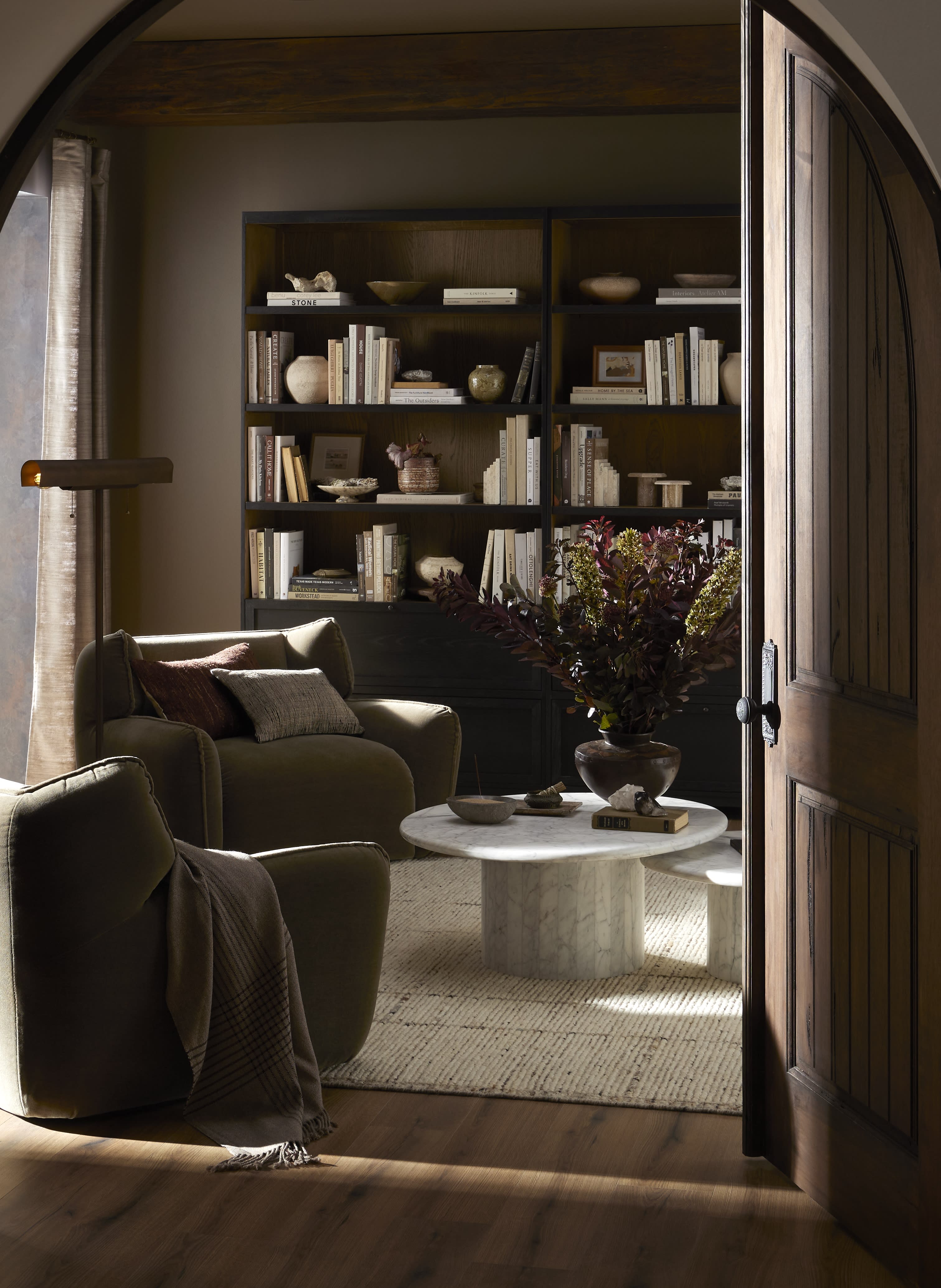 Dark moody built in shelving in cozy sitting room. 