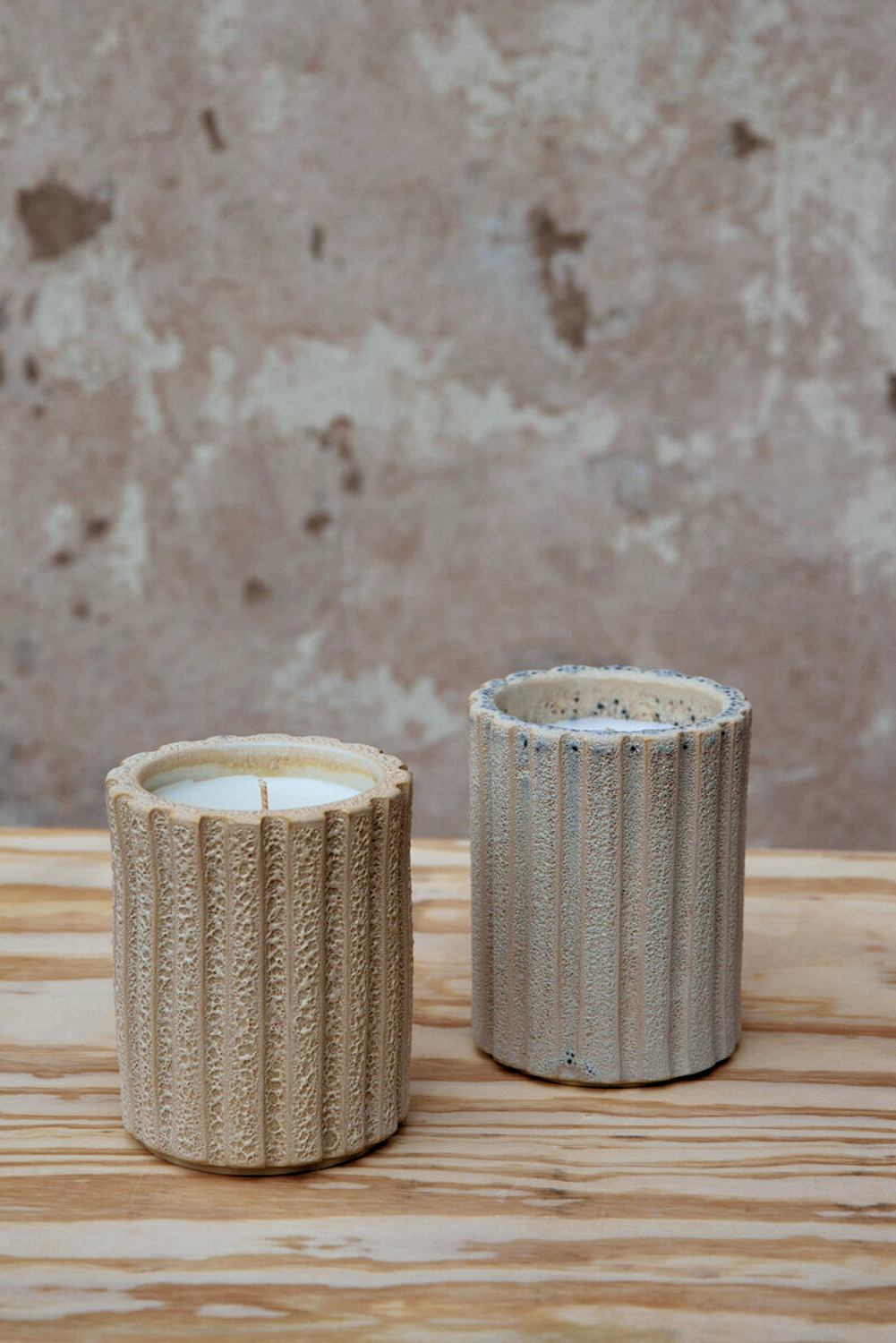 Gray and beige fluted ceramic candle holders