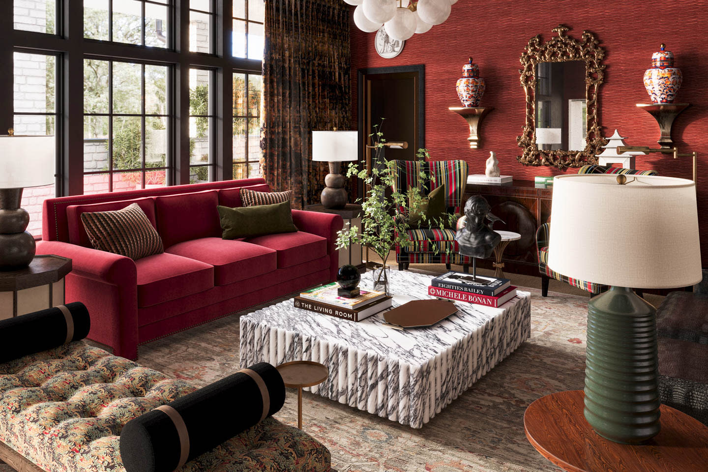 A luxurious living room with a red sofa, patterned armchairs, and a marble coffee table. Decorative lamps and vases add elegance to the warm, inviting space.