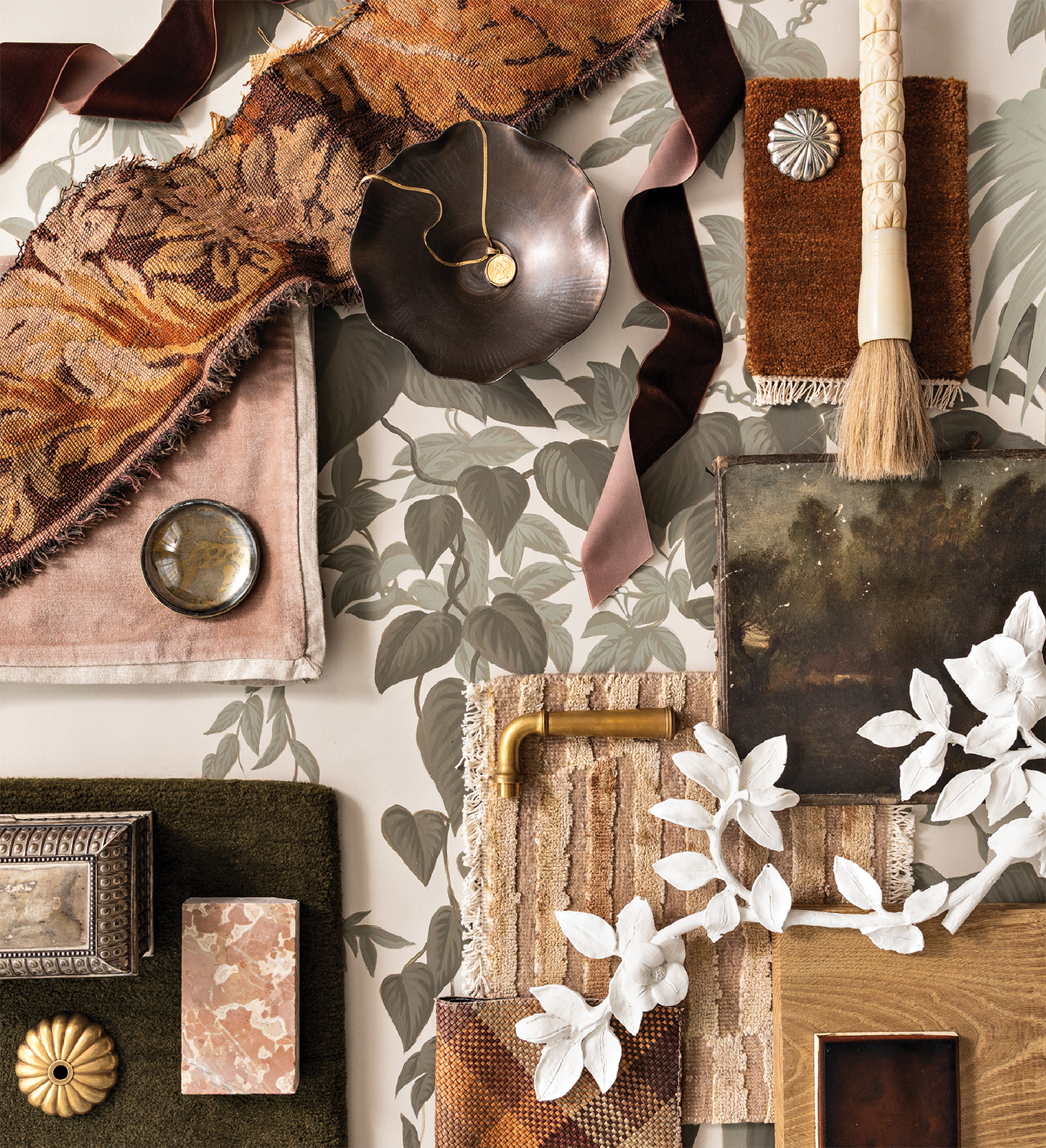green and orange fall-inspired interior design mood board