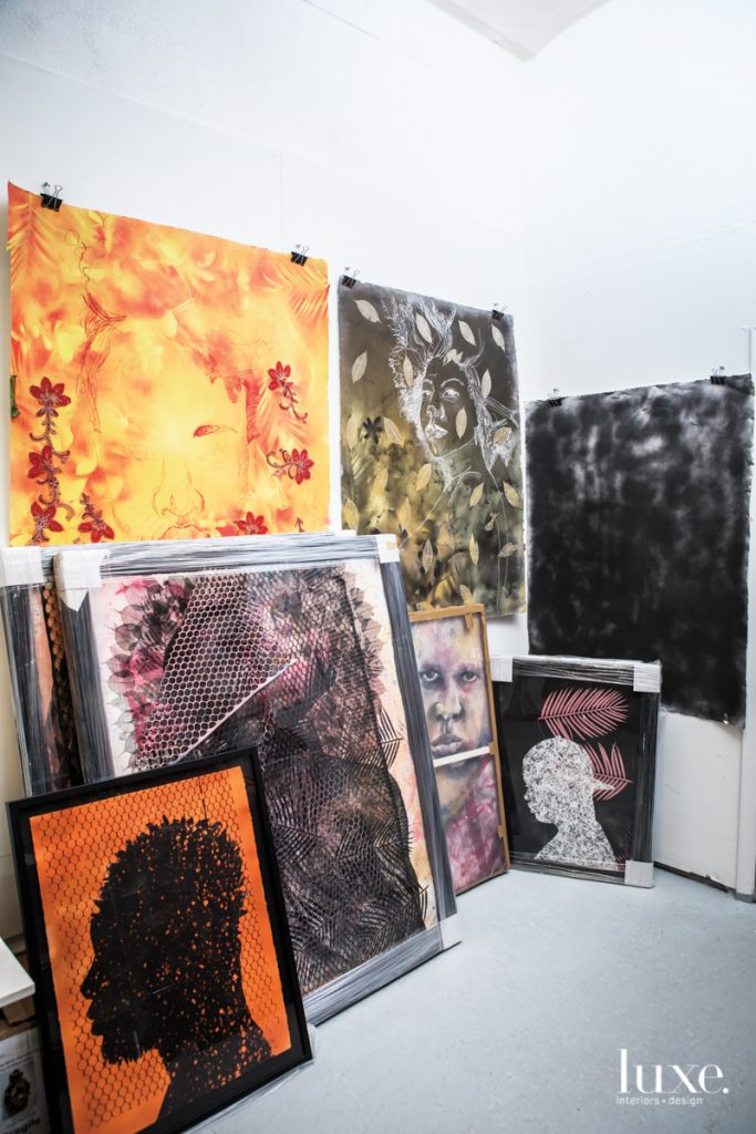 Doucet's multimedia works combine his charcoal drawings of area residents with organic matter from their neighborhood.