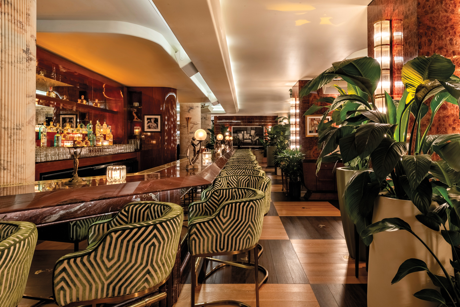 Wooden bar lined with geometric-patterned barstools