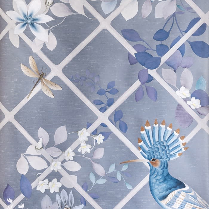 fabric with a design that appears as a lattice draped with florals