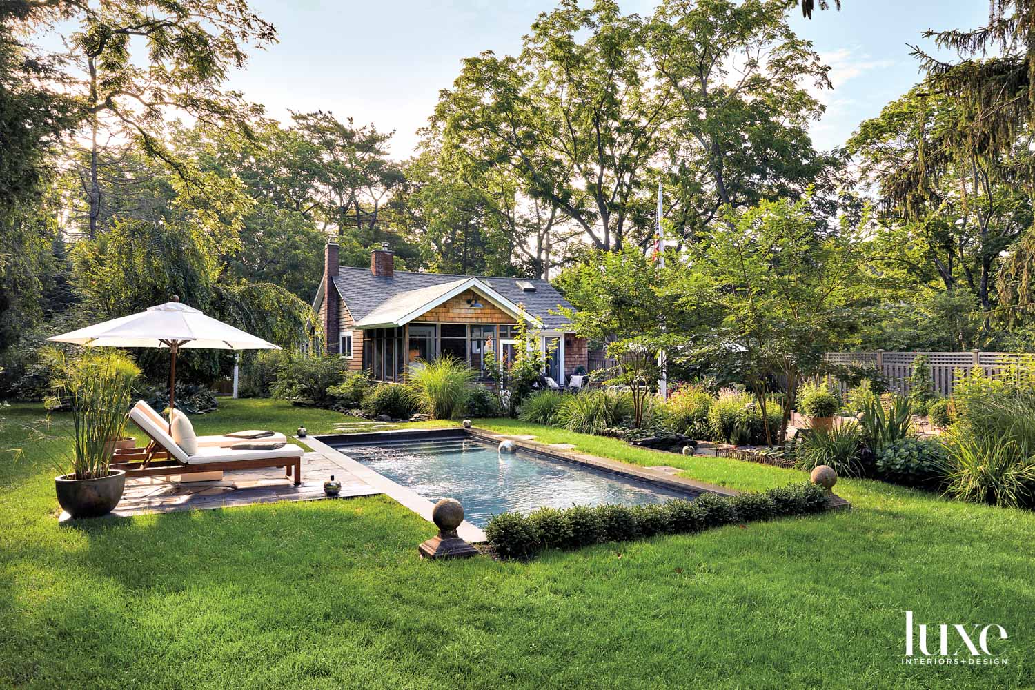 rectangular pool surrounded by greenery