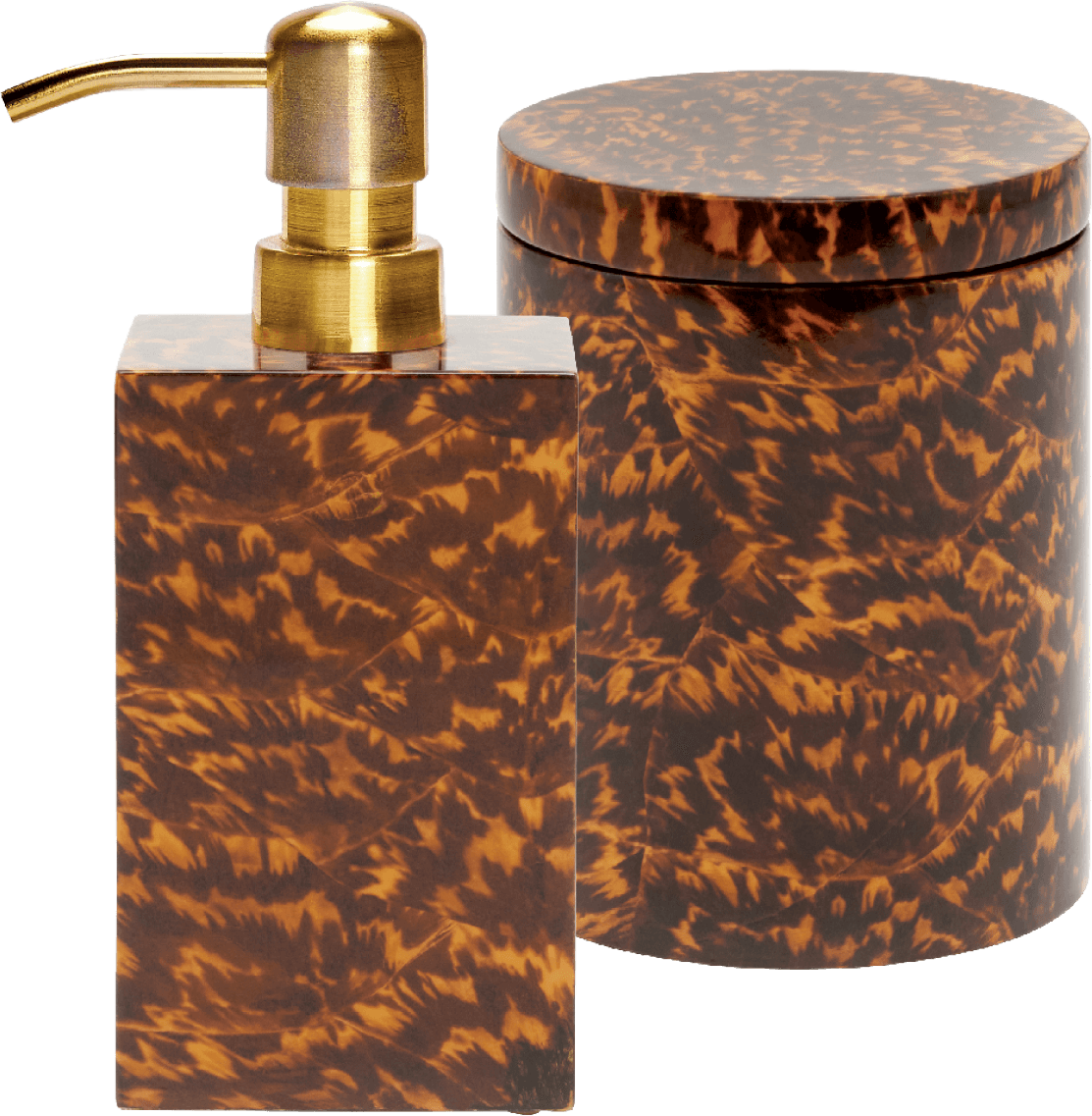 soap pump and canister with a brown abstract pattern