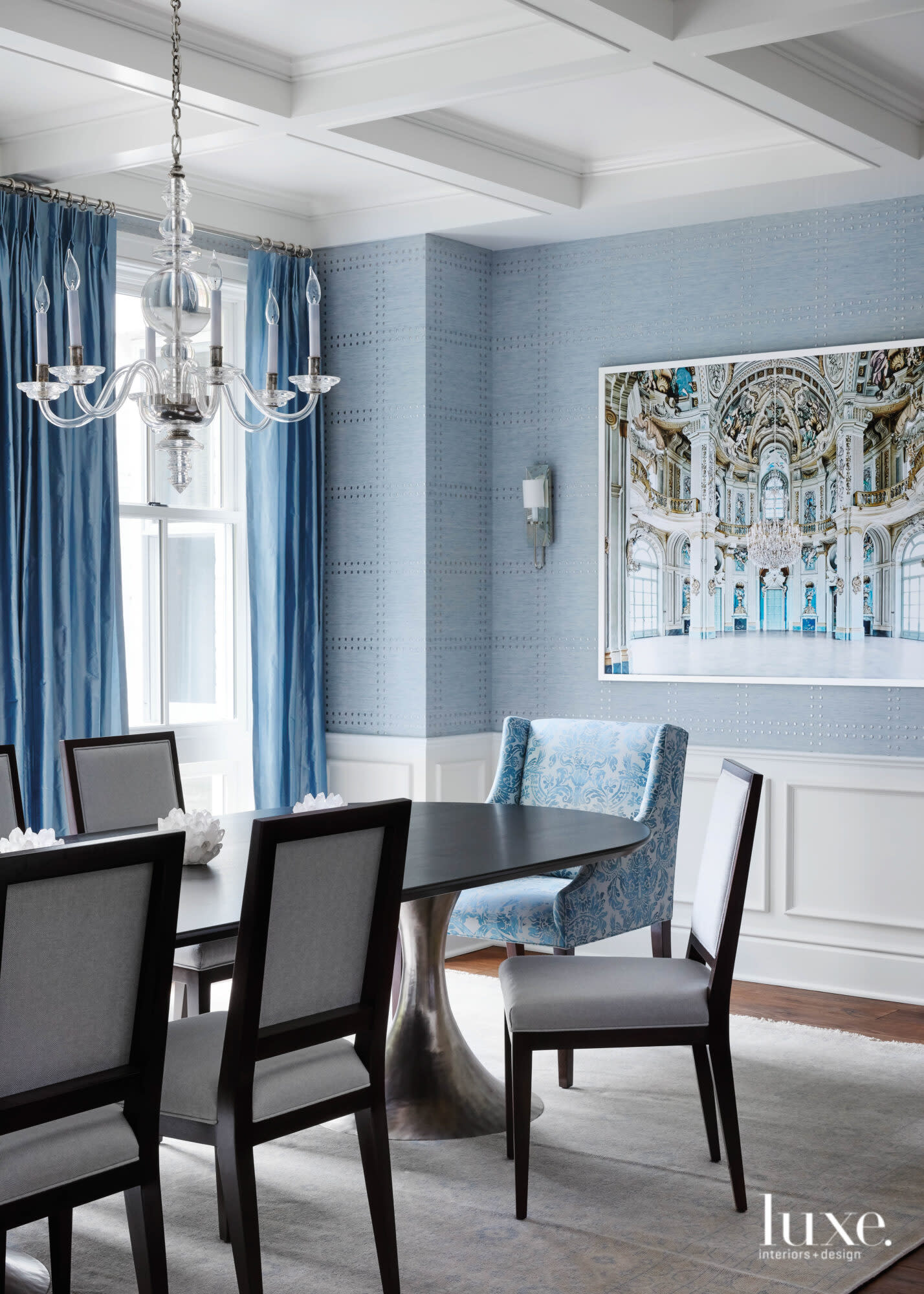 blue walls dining room with photo of palace in Italy by David Burdeny