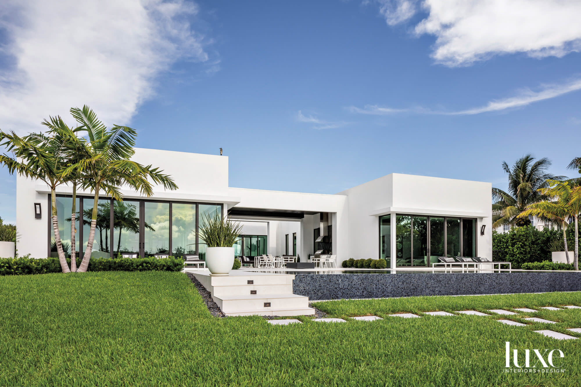 contemporary white one-story home with pool