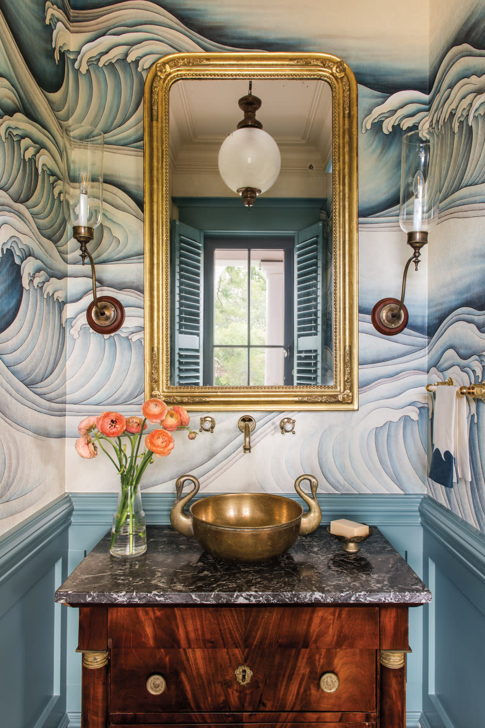 powder room with wave-covered wallpaper