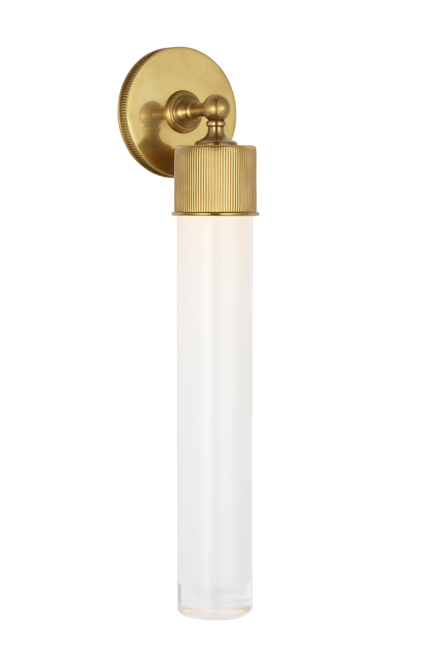Elegant wall sconce with a gold fixture and a ribbed cap, holding a long, frosted glass cylinder. The design is modern and sophisticated.