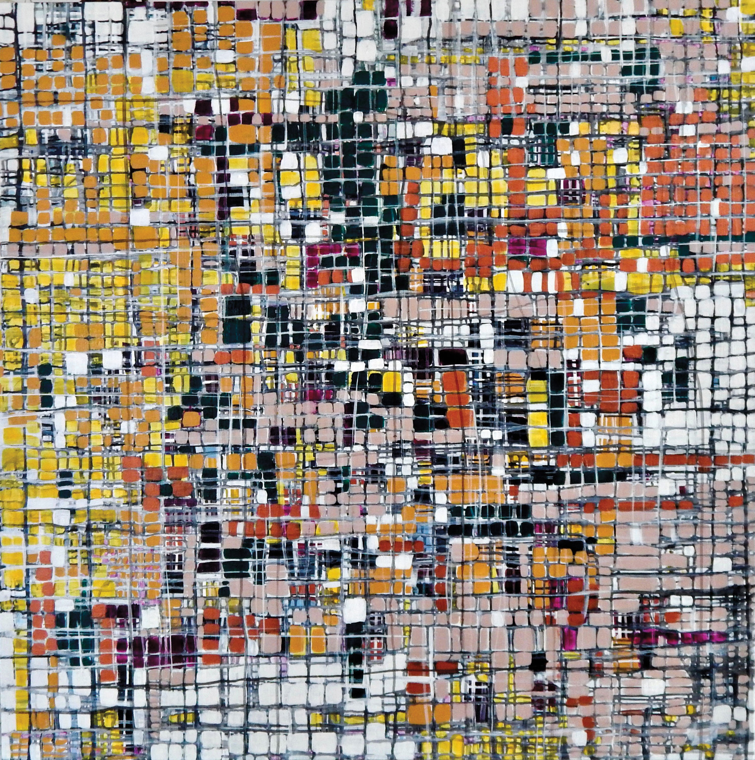 Abstract painting with layers and squares in a palette of red, yellow, black and white