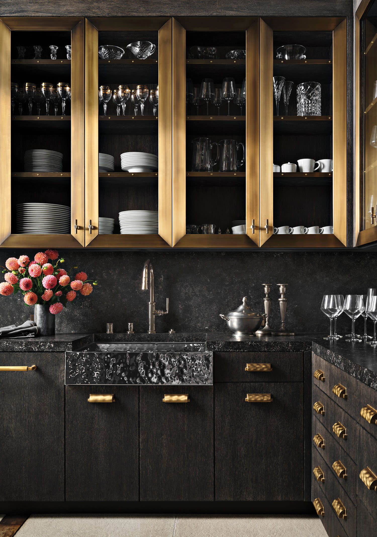 moody, dark butler's pantry with brass accents