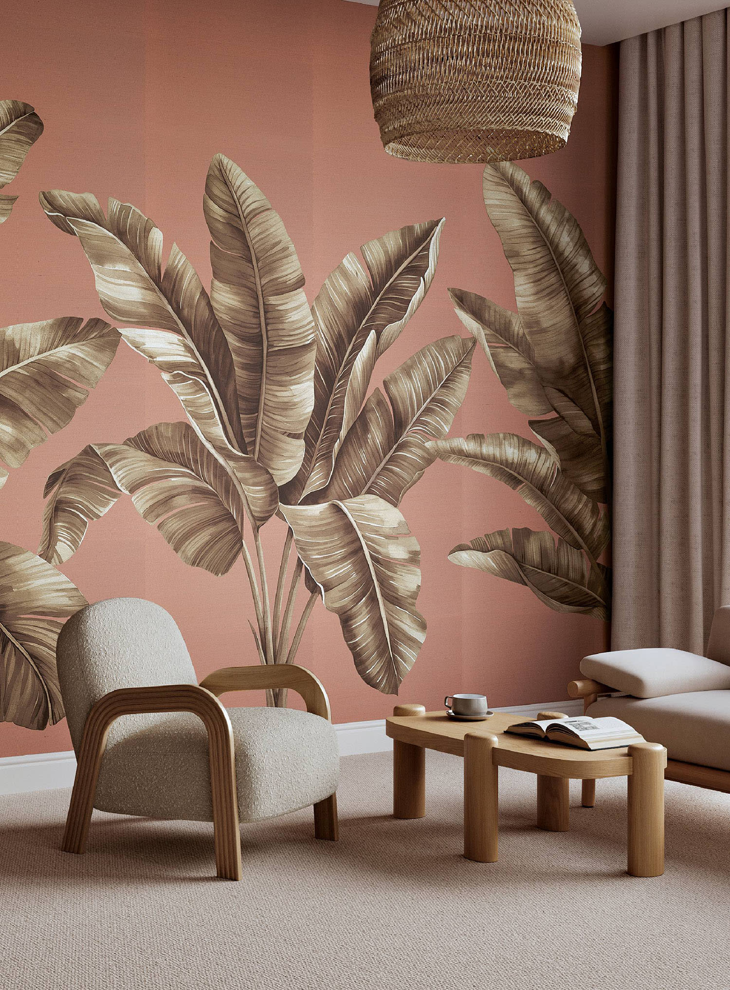 Phillip Jeffries wallcovering featuring a brown plant against a pink background