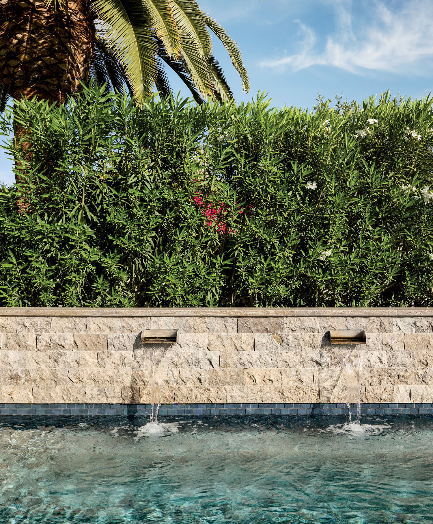 A tranquil garden scene with a stone wall fountain, flowing into a clear pool. Lush green bushes and a tall palm tree, set against a blue sky.