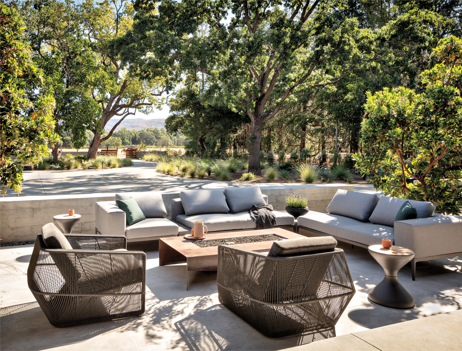 landscape views from this home's fire pit provide contemporary garden design ideas